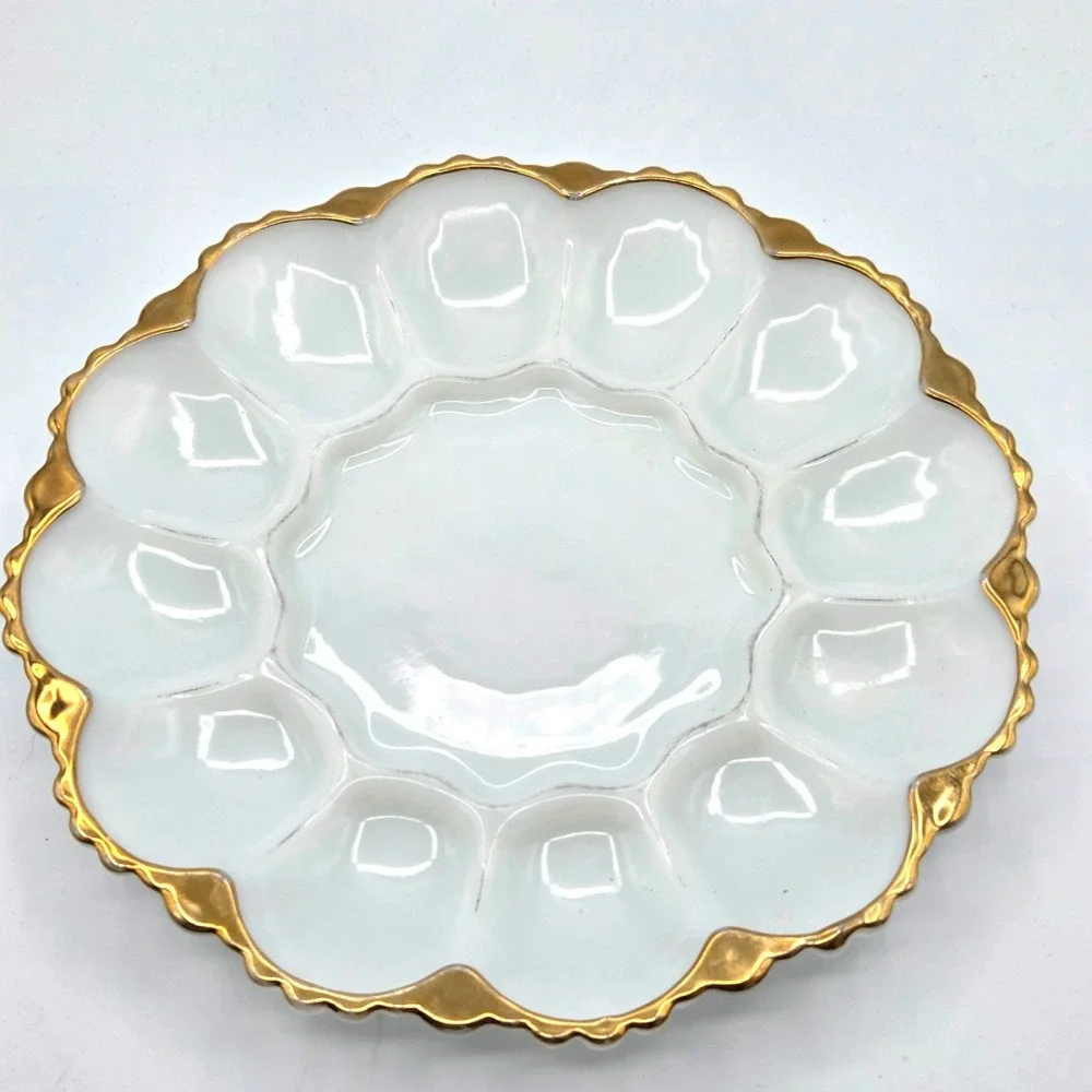 Anchor Hocking Fire King Milk Glass Plate Deviled Egg Dish 22K Gold Trim